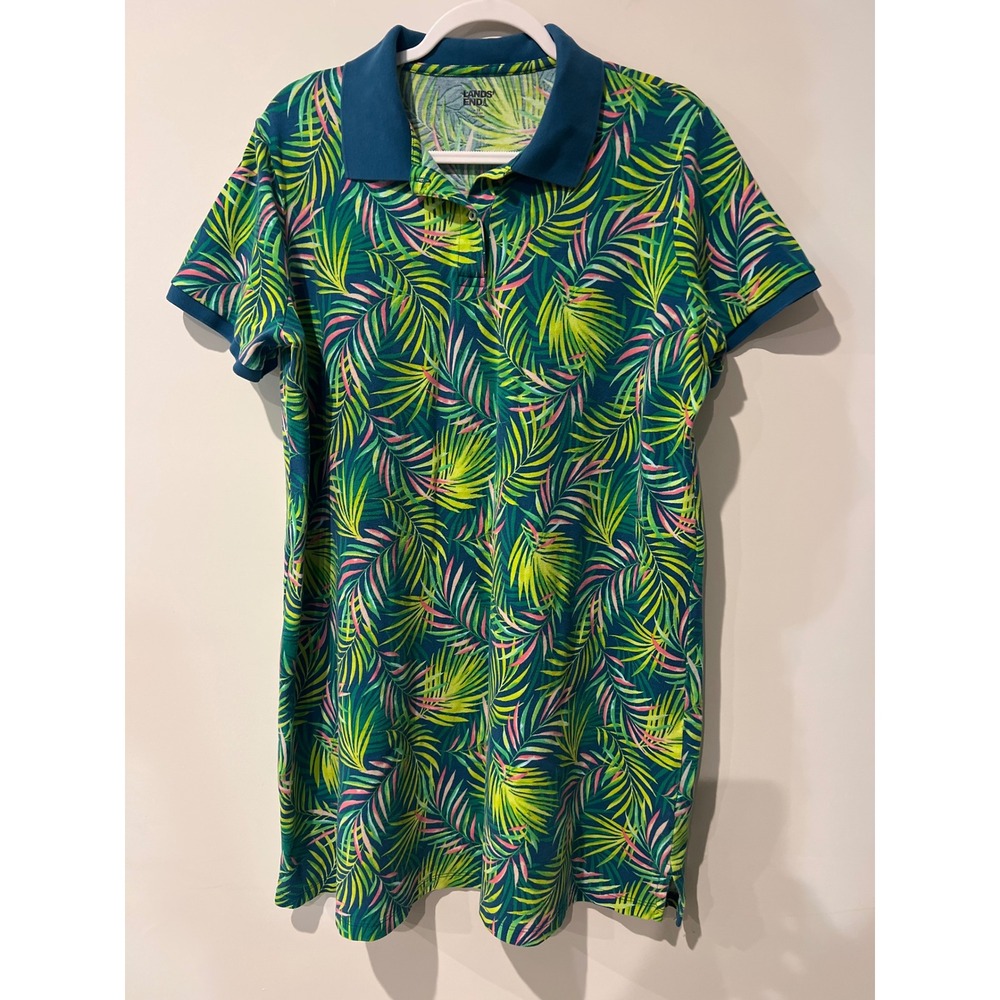 Lands End Women's Tropical Palm‎ Print Short Sleeve Polo Shirt Dress Size 1X